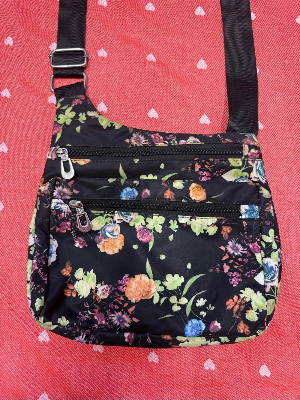 Black Floral Crossbody Bag - Lightweight Everyday Shoulder Bag